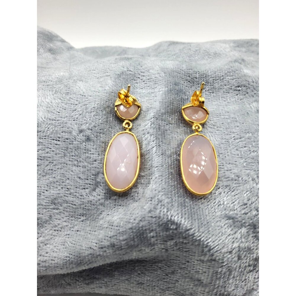 Vintage Oval Briolette Cut Natural Pink Chalcedony Gemstone 1.5" Drop Earrings. - Picture 5 of 5
